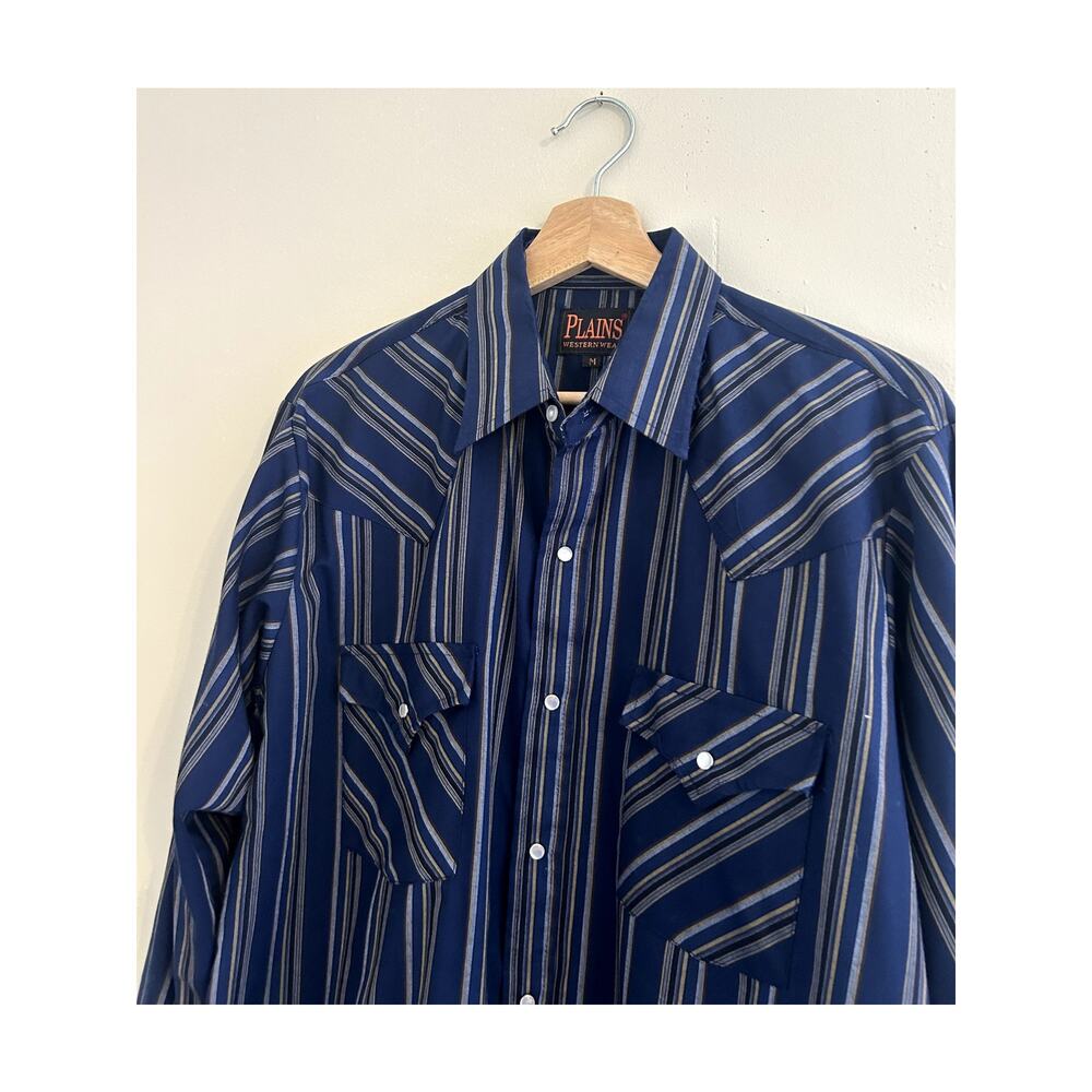 Blue White Silver Vertical Stripes Plains Pearl Snap Western Shirt Men's Large